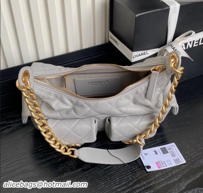 Promotional Chanel Shiny Lambskin Large Hobo Bag AS5339 Light Grey 2024