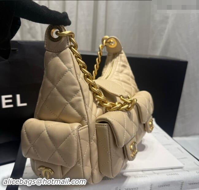 Famous Brand Chanel Shiny Lambskin Large Hobo Bag AS5339 Beige 2024