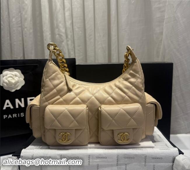 Famous Brand Chanel Shiny Lambskin Large Hobo Bag AS5339 Beige 2024