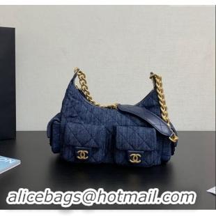 Free Shipping Chanel Washed Denim Large Hobo Bag AS5339 Dark Blue 2024