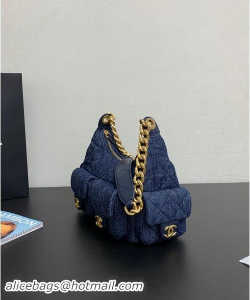 Free Shipping Chanel Washed Denim Large Hobo Bag AS5339 Dark Blue 2024