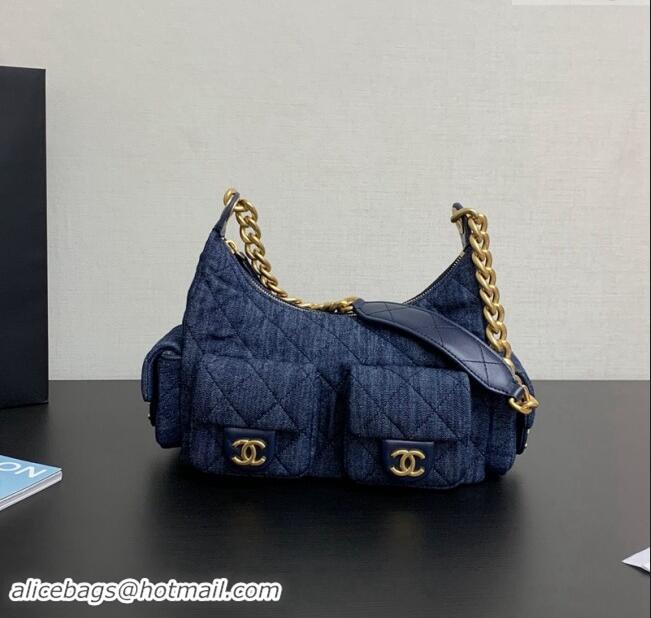 Free Shipping Chanel Washed Denim Large Hobo Bag AS5339 Dark Blue 2024