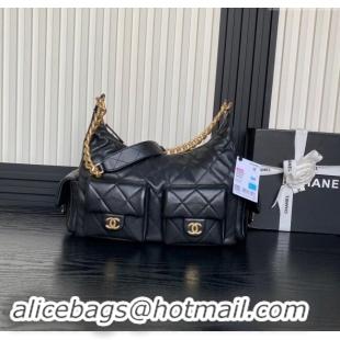 Top Quality Chanel Shiny Lambskin Maxi Hobo Bag AS5302 Black 2024