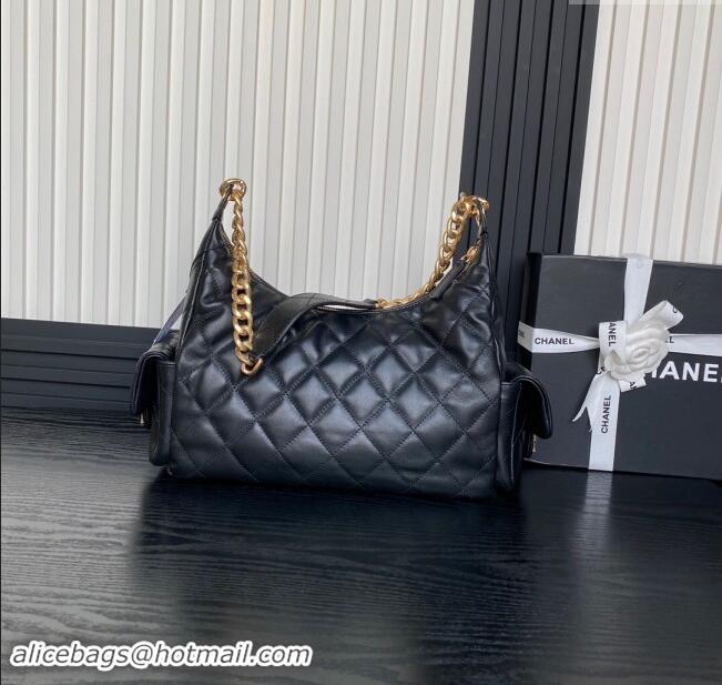 Top Quality Chanel Shiny Lambskin Maxi Hobo Bag AS5302 Black 2024