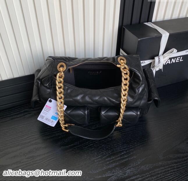 Top Quality Chanel Shiny Lambskin Maxi Hobo Bag AS5302 Black 2024