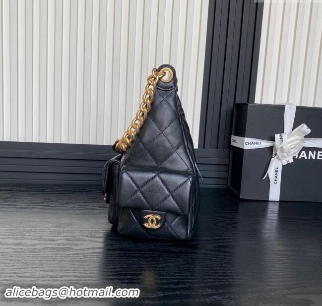 Top Quality Chanel Shiny Lambskin Maxi Hobo Bag AS5302 Black 2024