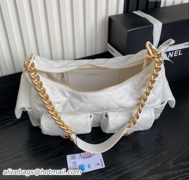 Top Grade Chanel Shiny Lambskin Maxi Hobo Bag AS5302 White 2024