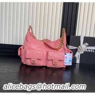 Luxury Cheap Chanel Shiny Lambskin Maxi Hobo Bag AS5302 Pink 2024