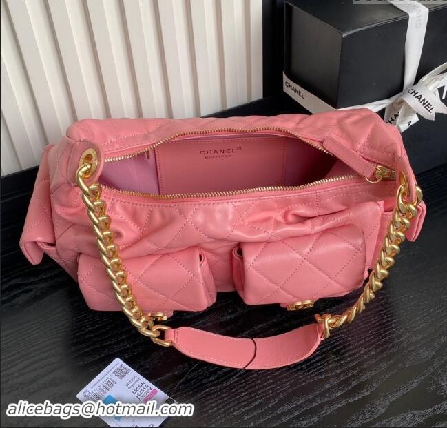 Luxury Cheap Chanel Shiny Lambskin Maxi Hobo Bag AS5302 Pink 2024