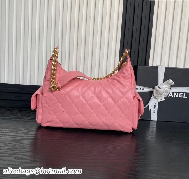 Luxury Cheap Chanel Shiny Lambskin Maxi Hobo Bag AS5302 Pink 2024