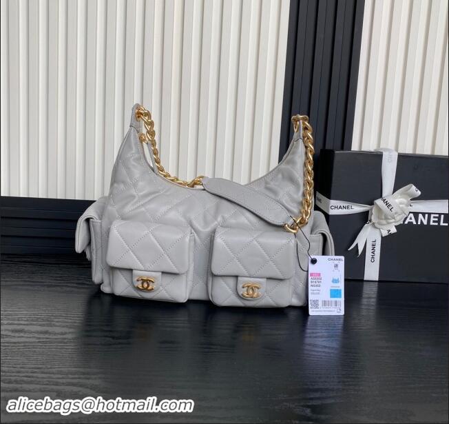 Trendy Design Chanel Shiny Lambskin Maxi Hobo Bag AS5302 Light Grey 2024