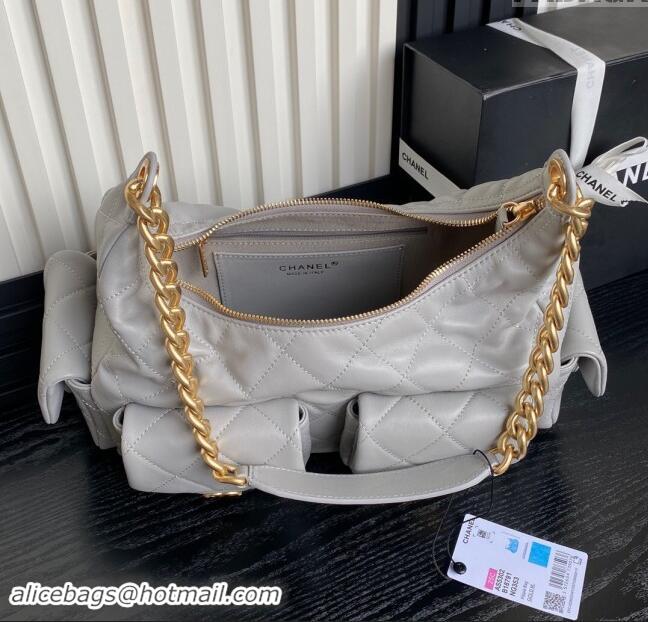 Trendy Design Chanel Shiny Lambskin Maxi Hobo Bag AS5302 Light Grey 2024