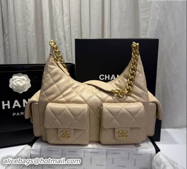 Promotional Chanel Shiny Lambskin Maxi Hobo Bag AS5302 Beige 2024