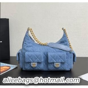 Big Discount Chanel Washed Denim Maxi Hobo Bag AS5302 Light Blue 2024