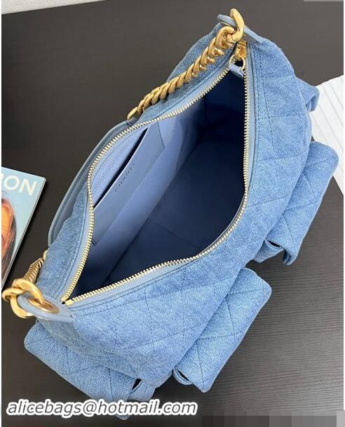 Big Discount Chanel Washed Denim Maxi Hobo Bag AS5302 Light Blue 2024