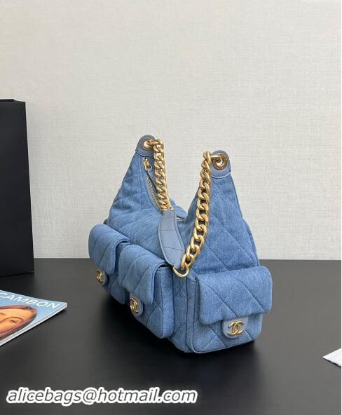 Big Discount Chanel Washed Denim Maxi Hobo Bag AS5302 Light Blue 2024