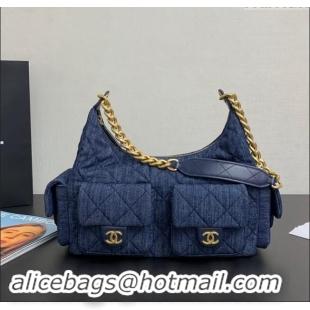 Top Design Chanel Washed Denim Maxi Hobo Bag AS5302 Dark Blue 2024