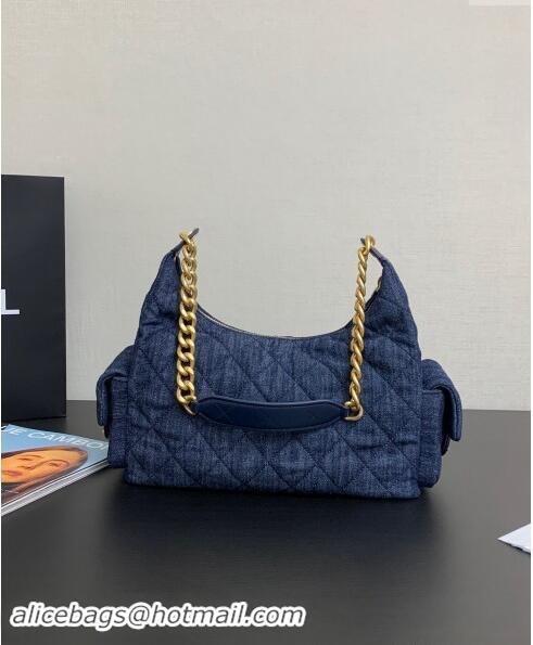 Top Design Chanel Washed Denim Maxi Hobo Bag AS5302 Dark Blue 2024