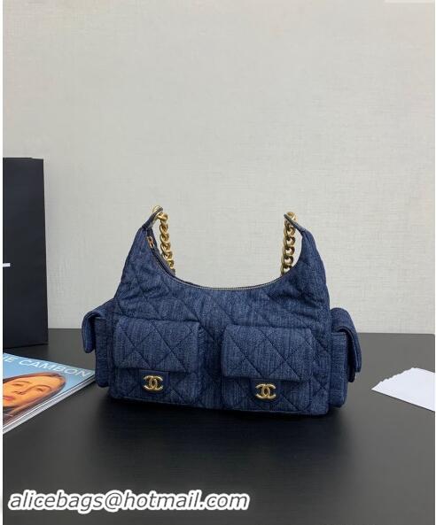 Top Design Chanel Washed Denim Maxi Hobo Bag AS5302 Dark Blue 2024