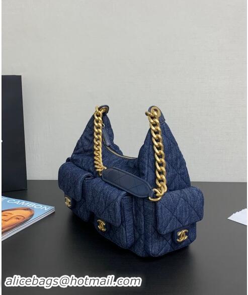 Top Design Chanel Washed Denim Maxi Hobo Bag AS5302 Dark Blue 2024