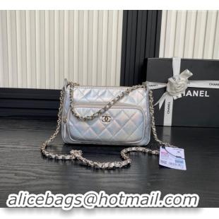 Top Quality Chanel Iridescent Metallic Lambskin Clutch with Chain AP4348 Silver 2024