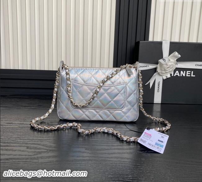 Top Quality Chanel Iridescent Metallic Lambskin Clutch with Chain AP4348 Silver 2024