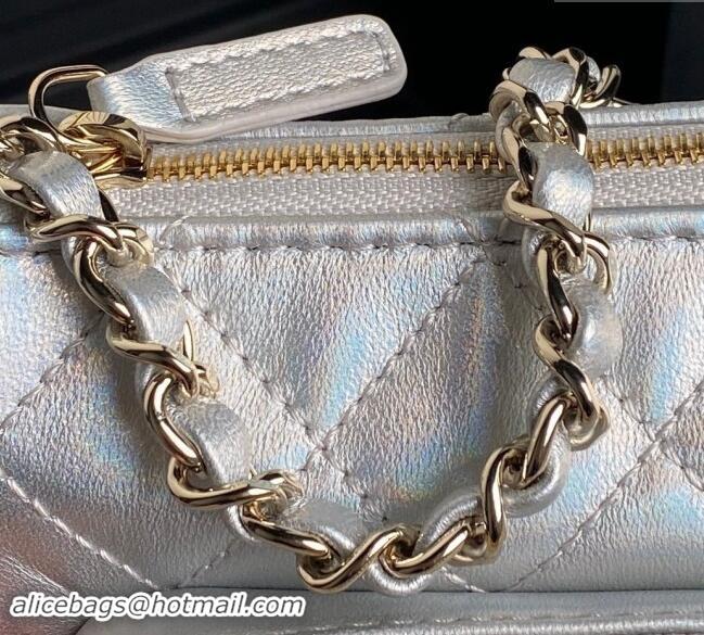 Top Quality Chanel Iridescent Metallic Lambskin Clutch with Chain AP4348 Silver 2024