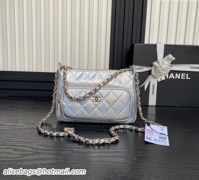 Top Quality Chanel Iridescent Metallic Lambskin Clutch with Chain AP4348 Silver 2024