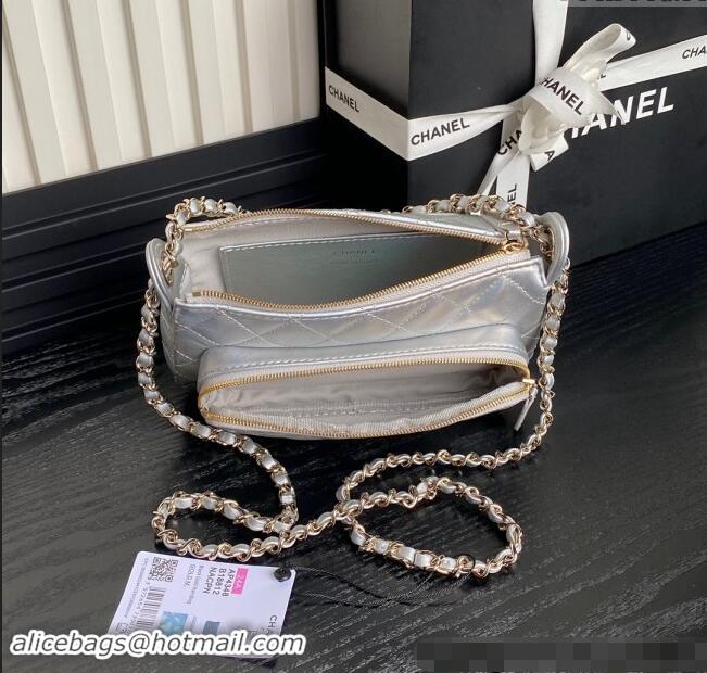 Top Quality Chanel Iridescent Metallic Lambskin Clutch with Chain AP4348 Silver 2024