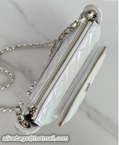 Top Grade Chanel Iridescent Metallic Lambskin Clutch with Chain AP4349 Silver 2024