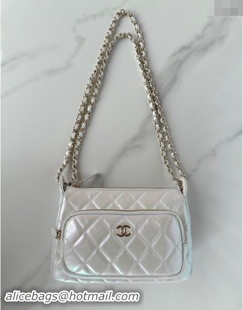 Top Grade Chanel Iridescent Metallic Lambskin Clutch with Chain AP4349 Silver 2024