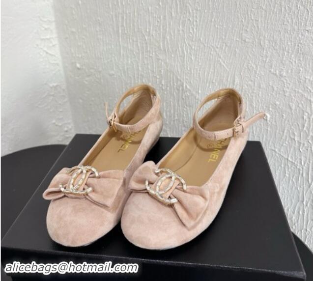 Popular Style Chanel Suede Mary Janes Ballet Flats with Strass CC Bow G46022 Nude 1121013