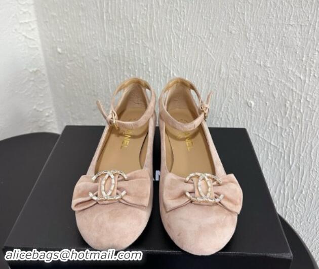 Popular Style Chanel Suede Mary Janes Ballet Flats with Strass CC Bow G46022 Nude 1121013