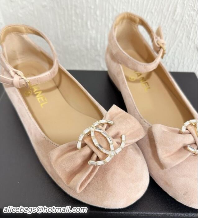 Popular Style Chanel Suede Mary Janes Ballet Flats with Strass CC Bow G46022 Nude 1121013