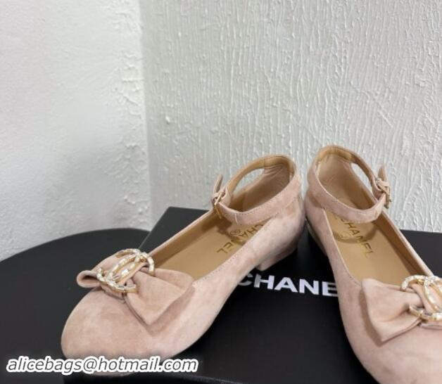 Popular Style Chanel Suede Mary Janes Ballet Flats with Strass CC Bow G46022 Nude 1121013