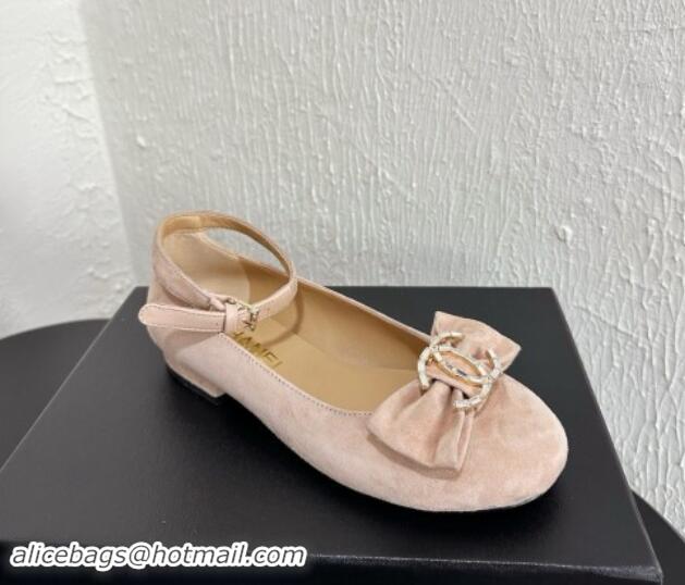 Popular Style Chanel Suede Mary Janes Ballet Flats with Strass CC Bow G46022 Nude 1121013