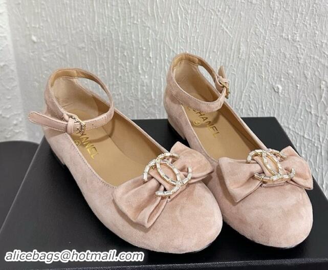 Popular Style Chanel Suede Mary Janes Ballet Flats with Strass CC Bow G46022 Nude 1121013