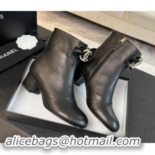 Good Quality Chanel Calfskin Leather Heel Ankle Boots with Strass CC Bow Black 1121014