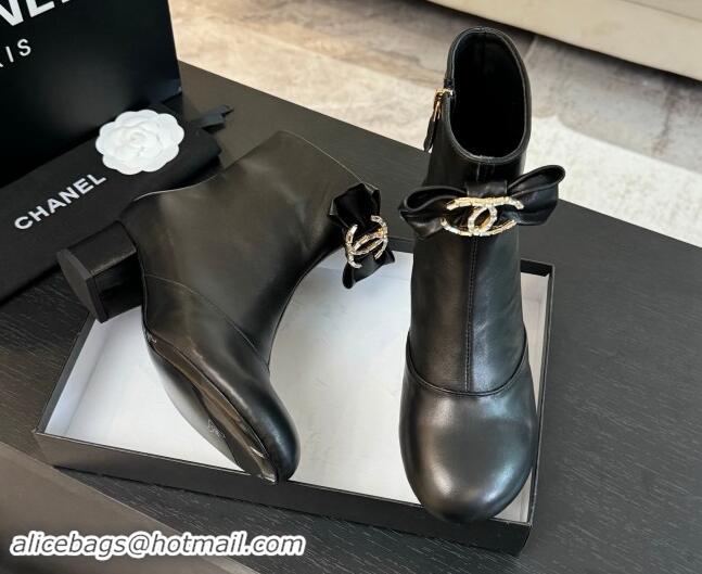 Good Quality Chanel Calfskin Leather Heel Ankle Boots with Strass CC Bow Black 1121014