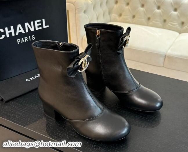 Good Quality Chanel Calfskin Leather Heel Ankle Boots with Strass CC Bow Black 1121014