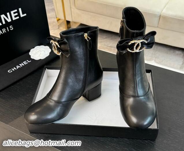 Good Quality Chanel Calfskin Leather Heel Ankle Boots with Strass CC Bow Black 1121014