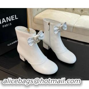 Good Quality Chanel Calfskin Leather Heel Ankle Boots with Strass CC Bow White 1121015