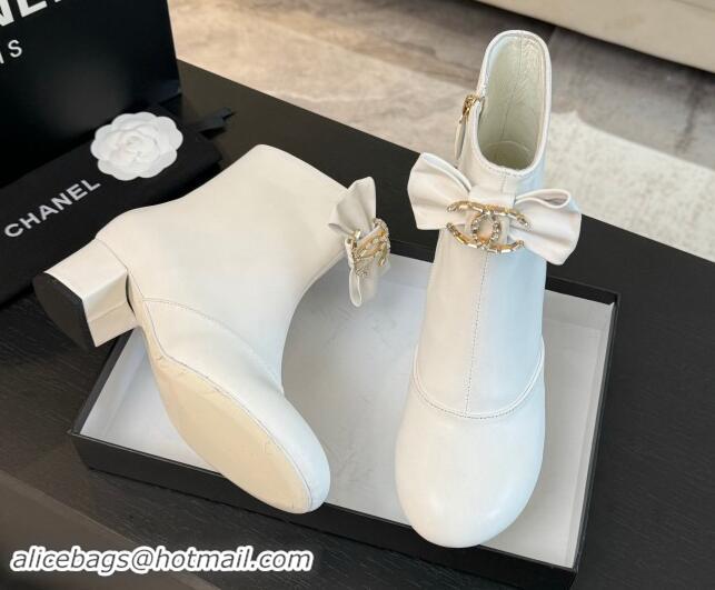 Good Quality Chanel Calfskin Leather Heel Ankle Boots with Strass CC Bow White 1121015