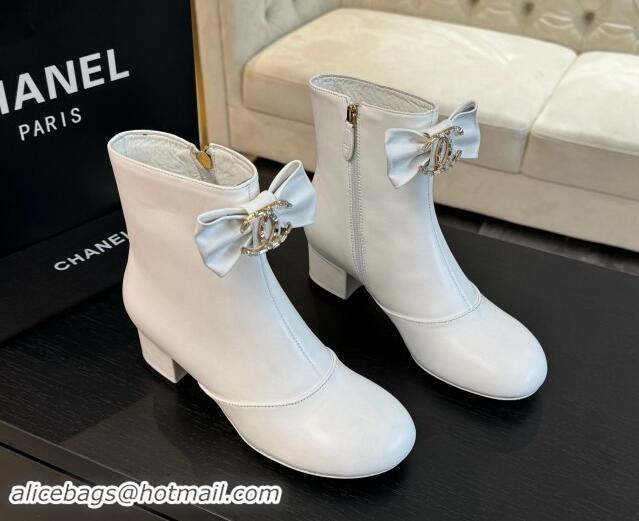 Good Quality Chanel Calfskin Leather Heel Ankle Boots with Strass CC Bow White 1121015