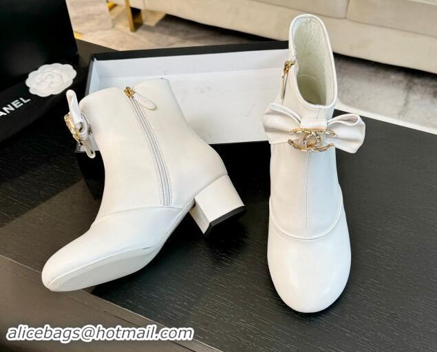 Good Quality Chanel Calfskin Leather Heel Ankle Boots with Strass CC Bow White 1121015