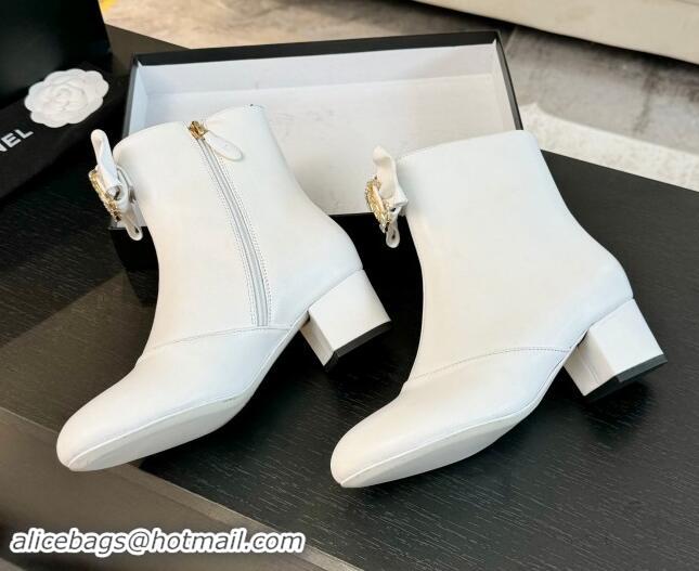 Good Quality Chanel Calfskin Leather Heel Ankle Boots with Strass CC Bow White 1121015