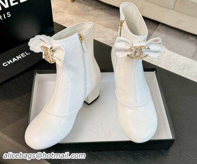 Good Quality Chanel Calfskin Leather Heel Ankle Boots with Strass CC Bow White 1121015