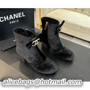 Unique Style Chanel Velvet Heel Ankle Boots with Strass CC Bow Black 1121016