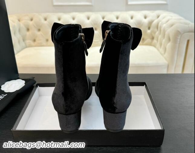 Unique Style Chanel Velvet Heel Ankle Boots with Strass CC Bow Black 1121016