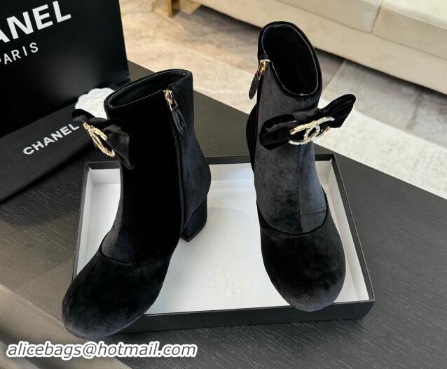 Unique Style Chanel Velvet Heel Ankle Boots with Strass CC Bow Black 1121016